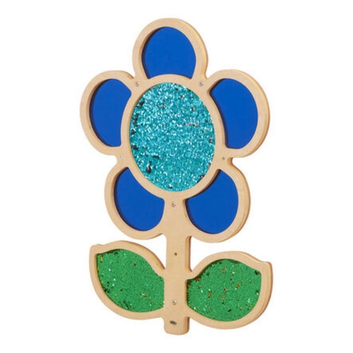 TTS blue Mark Making Sequin Daisy Frame showing reversible sequin surface and reflective mirror petals - tactile sensory wall panel for sensory rooms and schools
