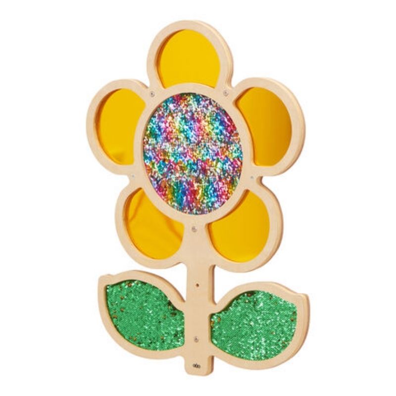 TTS yellow Mark Making Sequin Daisy Frame close-up showing mermaid sequin petals and acrylic mirror detail - tactile sensory wall panel for fine motor development