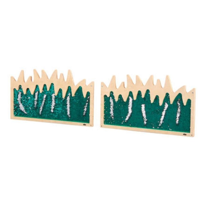 Full view of the TTS Mark Making Sequin Grass Boards set of 2, showing the green grass-design flip sequin surface mounted in a wooden frame for sensory wall panel display