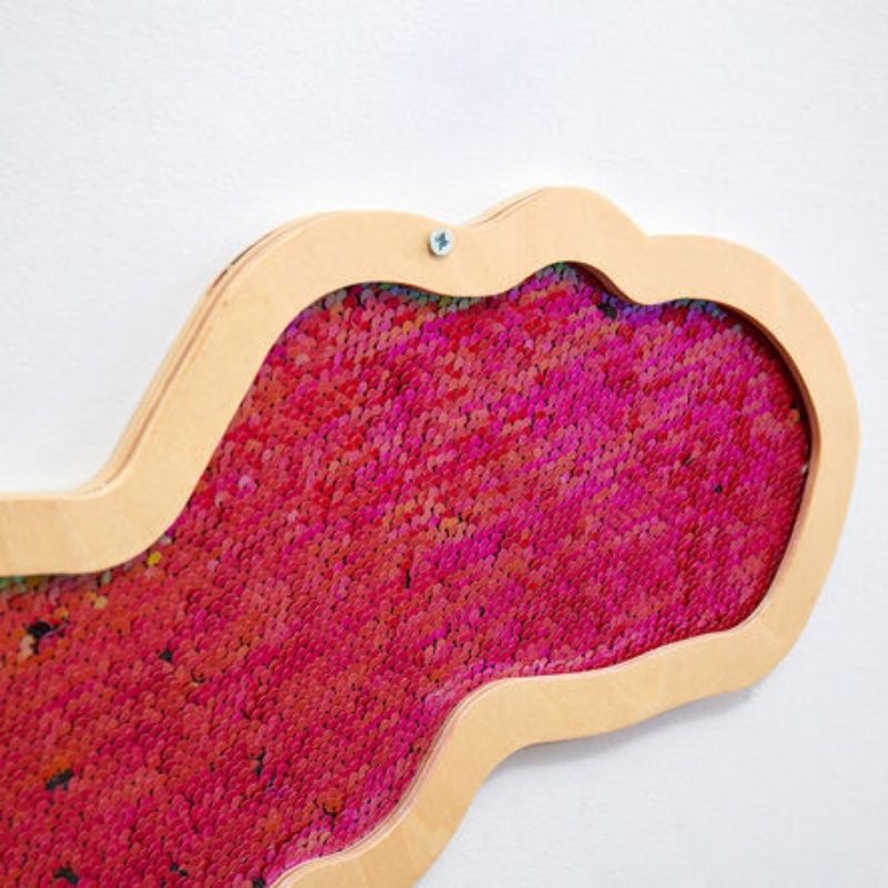 Second close-up view of the TTS Mark Making Sequin Tyrannosaurus board surface with colourful reversible sequin fabric