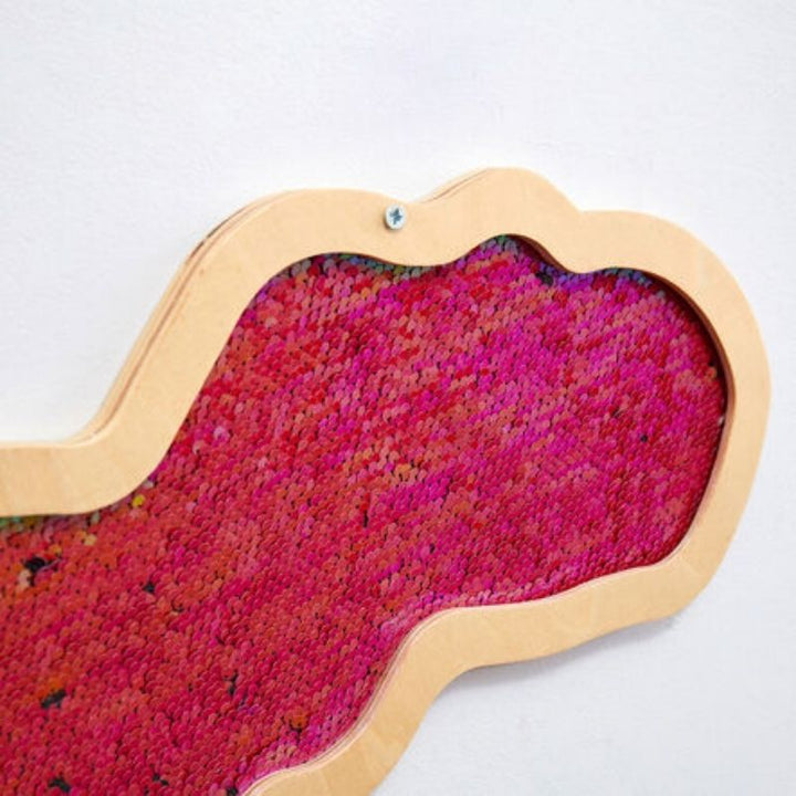 Second close-up view of the TTS Mark Making Sequin Tyrannosaurus board surface with colourful reversible sequin fabric