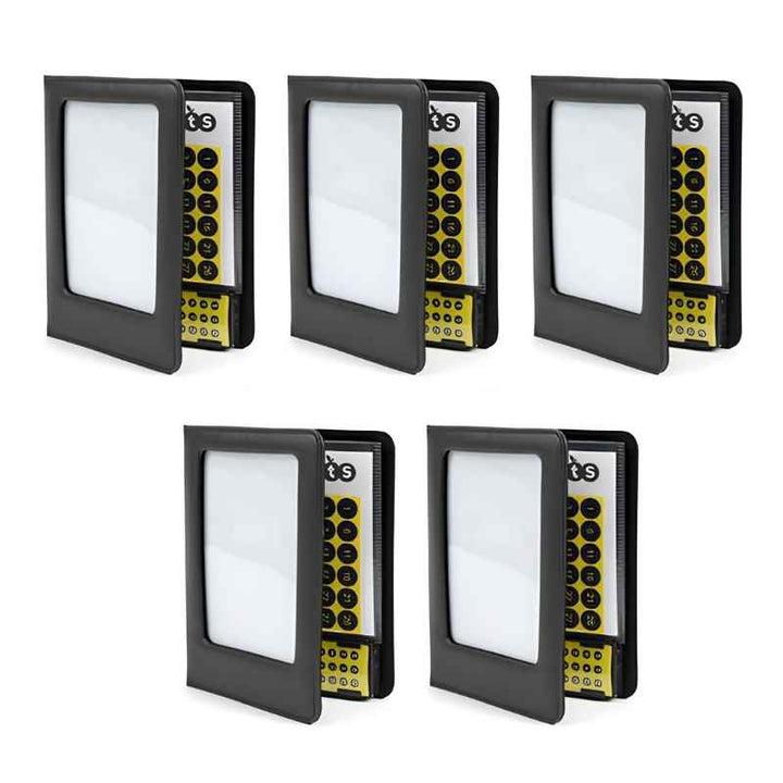 Five TTS A5 Talking Photo Albums shown as a pack of 5, each displaying the front cover photo window and yellow recordable button unit, ideal for classroom sets and school procurement across North America