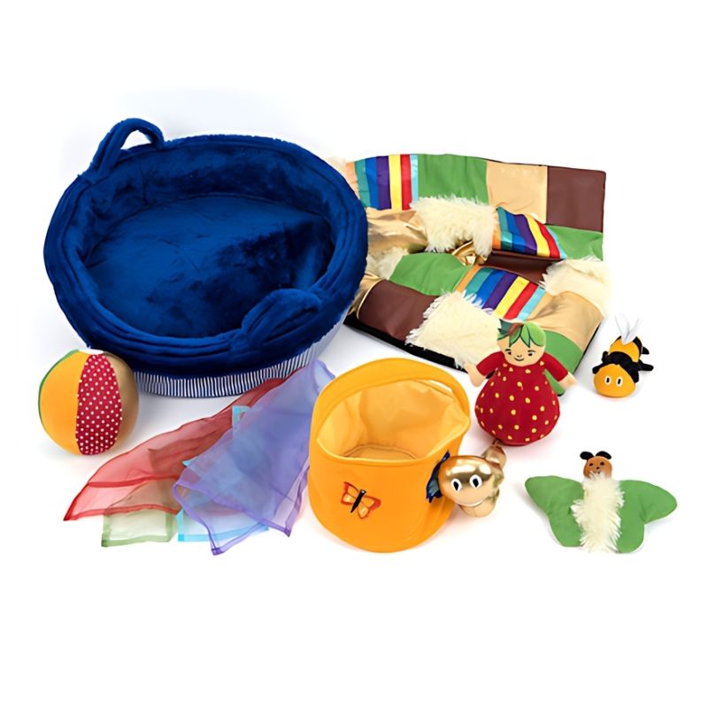 TTS Texture Collection Basket shown empty, displaying the wicker-style basket dimensions of 50cm D x 14cm H, suitable for early years tactile sensory exploration