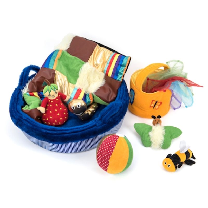 TTS Texture Collection Basket filled with tactile sensory play items including voile scarves, caterpillar, and butterfly, a 12-piece tactile sensory kit for babies and toddlers
