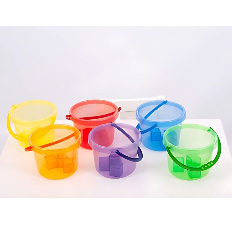 TTS Translucent Colour Bucket Set of 6 shown in full detail view, stackable sensory sand and water play buckets in assorted translucent colours