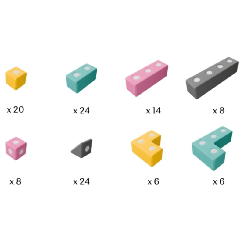 Detailed inclusion view of TUKI BIG Magnetic Blocks Builder 110 showing the closed-cell EVA foam construction, rotating neodymium magnet capsules, and the 8 Signature TUKI shapes in the EN71-certified 110-piece large-format largest BUILDER group magnetic foam construction set
