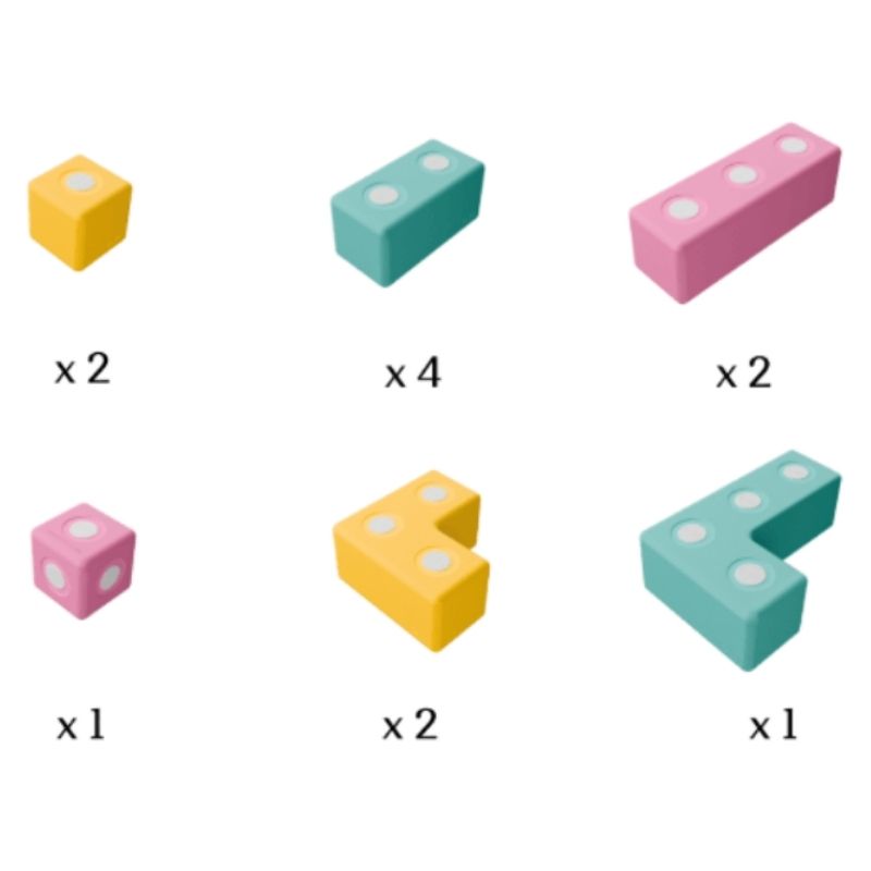 Detailed view of TUKI BIG Magnetic Blocks Builder 12 showing the closed-cell EVA foam construction, waterproof rotating neodymium magnet capsules, and individual block shapes included in the EN71-certified large-format magnetic foam construction set