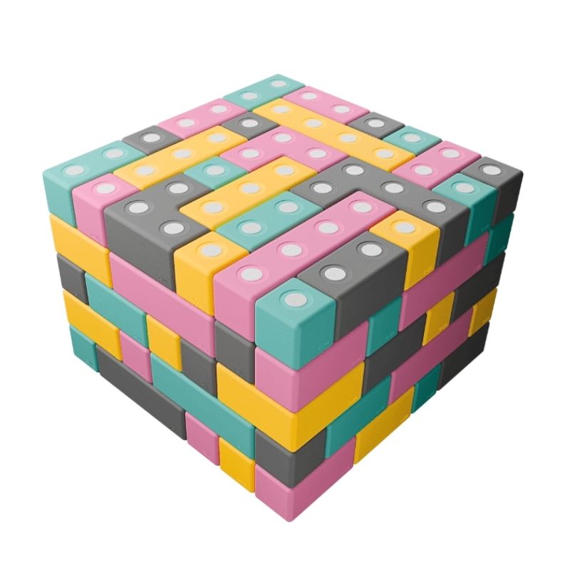 TUKI BIG Magnetic Blocks Builder 128 clean landscape view showing all 128 large 10cm magnetic EVA foam blocks in 8 Signature shapes, the largest BUILDER set in the TUKI BIG range for group floor construction with 7-10 children across Canada and the US