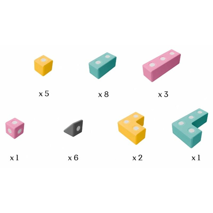 Detailed inclusion view of the TUKI BIG Magnetic Blocks Builder 26 showing the closed-cell EVA foam construction, rotating neodymium magnet capsules, and the 7 Signature TUKI shapes in the EN71-certified large-format 26-piece magnetic foam set