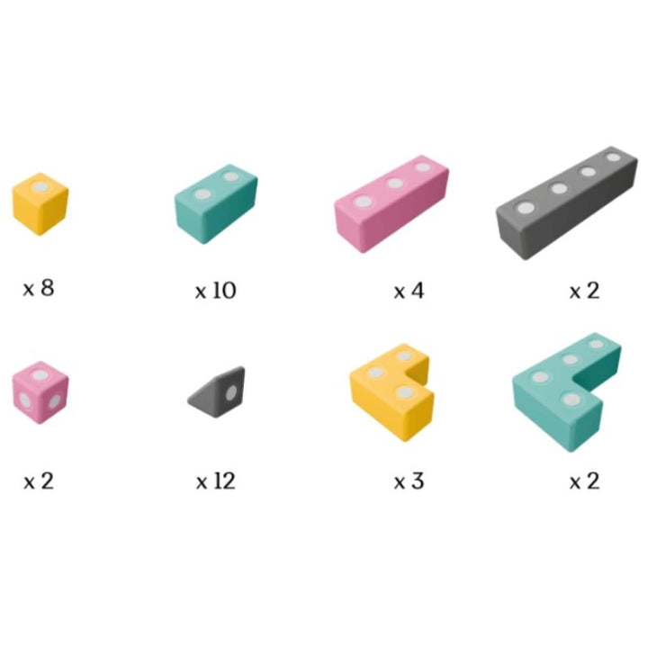 Detailed inclusion view of TUKI BIG Magnetic Blocks Builder 43 showing the closed-cell EVA foam construction, rotating neodymium magnet capsules, and the 8 Signature TUKI shapes in the EN71-certified 43-piece large-format group magnetic foam construction set