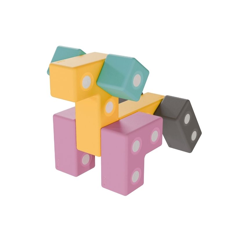 TUKI BIG Magnetic Blocks Builder 56 arranged into a dog figure, demonstrating the open-ended 3D imaginative construction and full-angle rotating neodymium magnet connectivity of the largest 56-piece group-use large-format 10cm magnetic foam construction set