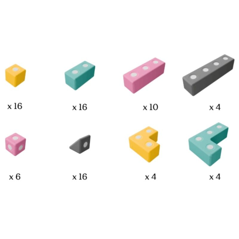 Detailed inclusion view of TUKI BIG Magnetic Blocks Builder 76 showing the closed-cell EVA foam construction, rotating neodymium magnet capsules, and the 8 Signature TUKI shapes in the EN71-certified 76-piece large-format group magnetic foam construction set