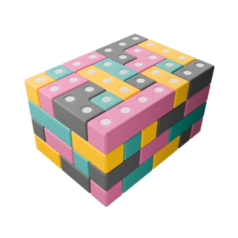 TUKI BIG Magnetic Blocks Builder 76 clean landscape view showing all 76 large 10cm magnetic EVA foam blocks in 8 Signature shapes, the largest BUILDER set in the TUKI BIG range for group floor construction with 4-6 children across Canada and the US