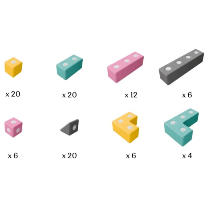 Detailed inclusion view of TUKI BIG Magnetic Blocks Builder 94 showing the closed-cell EVA foam construction, rotating neodymium magnet capsules, and the 8 Signature TUKI shapes in the EN71-certified 94-piece large-format group magnetic foam construction set
