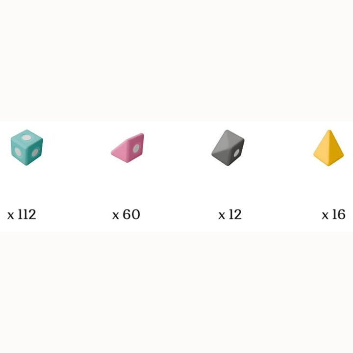 Detailed view of TUKI Big Magnetic Foam Blocks Smart 200 set contents, showing the full 200-element range of shapes and four colours included