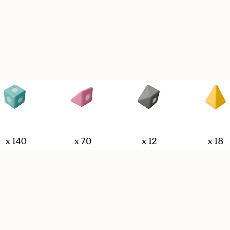 Detailed view of TUKI Big Magnetic Foam Blocks Smart 240 set contents showing the 240-element range of shapes and four colours - turquoise, grey, yellow, and pink