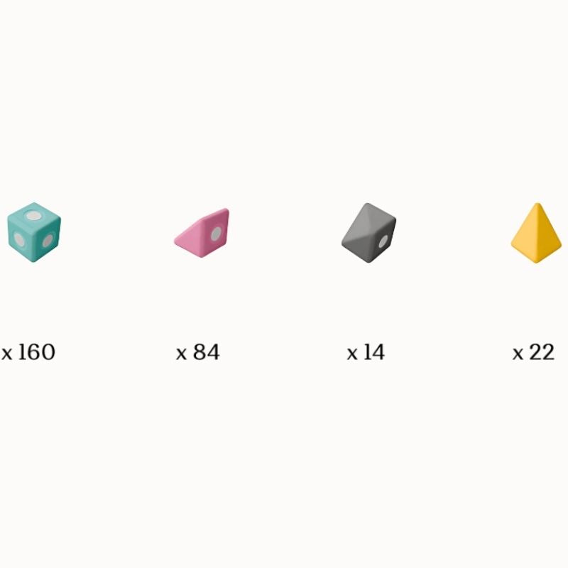 Detailed view of TUKI Big Magnetic Foam Blocks Smart 280 set contents showing the full 280-element range across four colours - turquoise, grey, yellow, and pink