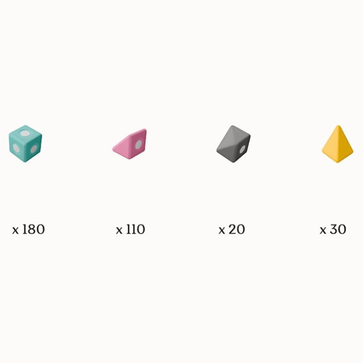 Detailed view of TUKI Big Magnetic Foam Blocks Smart 340 set contents showing the full 340-element range across four colours - turquoise, grey, yellow, and pink - with two storage bags