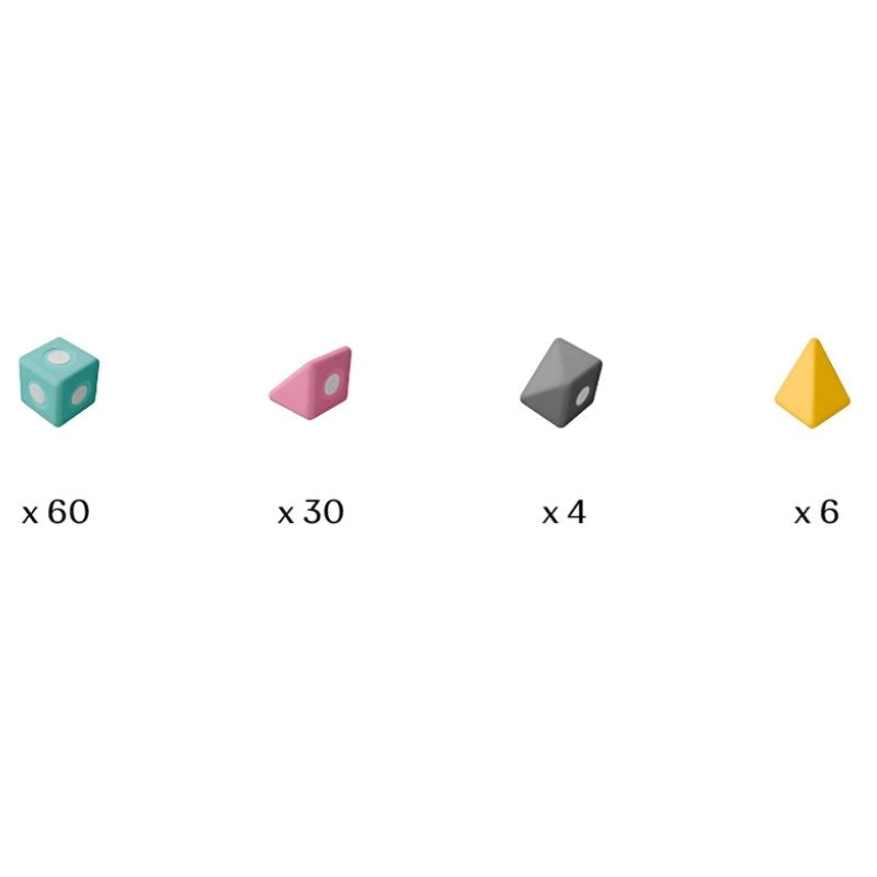 Detailed inclusion view of TUKI BIG Smart Magnetic Blocks Smart 100 showing the closed-cell EVA foam construction, rotating neodymium magnet capsules, and all 4 Smart TUKI shapes in the EN71-certified 100-piece group SMART set