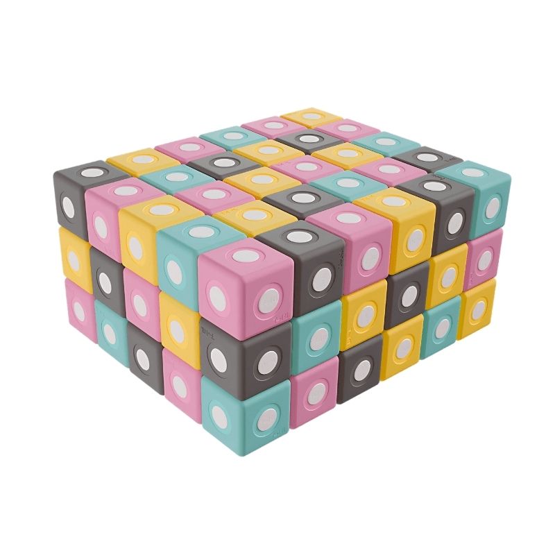 TUKI BIG Smart Magnetic Blocks Set Smart 100 clean landscape view showing all 100 large 10cm magnetic EVA foam blocks in 4 Smart TUKI shapes across 4 colours, the first standard manufacturer SMART set for groups of 6-9 children across Canada and the US