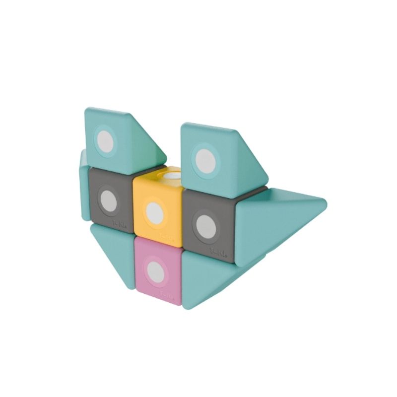 TUKI BIG Smart Magnetic Blocks Smart 160 arranged into a standing human figure, demonstrating the open-ended imaginative floor-scale construction the 4 Smart TUKI shapes with approximately 40 pyramids enables for group building sessions
