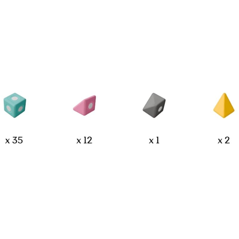 Detailed inclusion view of TUKI BIG Smart Magnetic Blocks Smart 50 showing the closed-cell EVA foam construction, rotating neodymium magnet capsules, 3 Smart TUKI shapes, and the 4 colours including grey that distinguish the Smart 50 from the Smart 10 and Smart 30