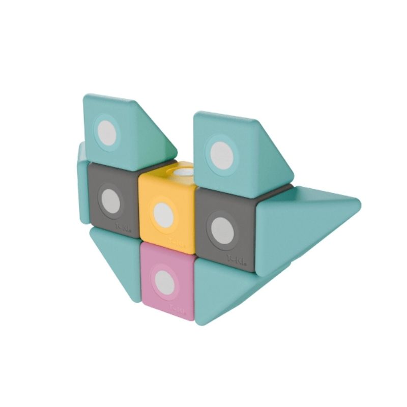 TUKI BIG Smart Magnetic Blocks Smart 50 arranged into a standing green figure, demonstrating the imaginative 3D floor-scale construction that 50 large-format magnetic foam blocks in 3 Smart shapes including the pyramid enables