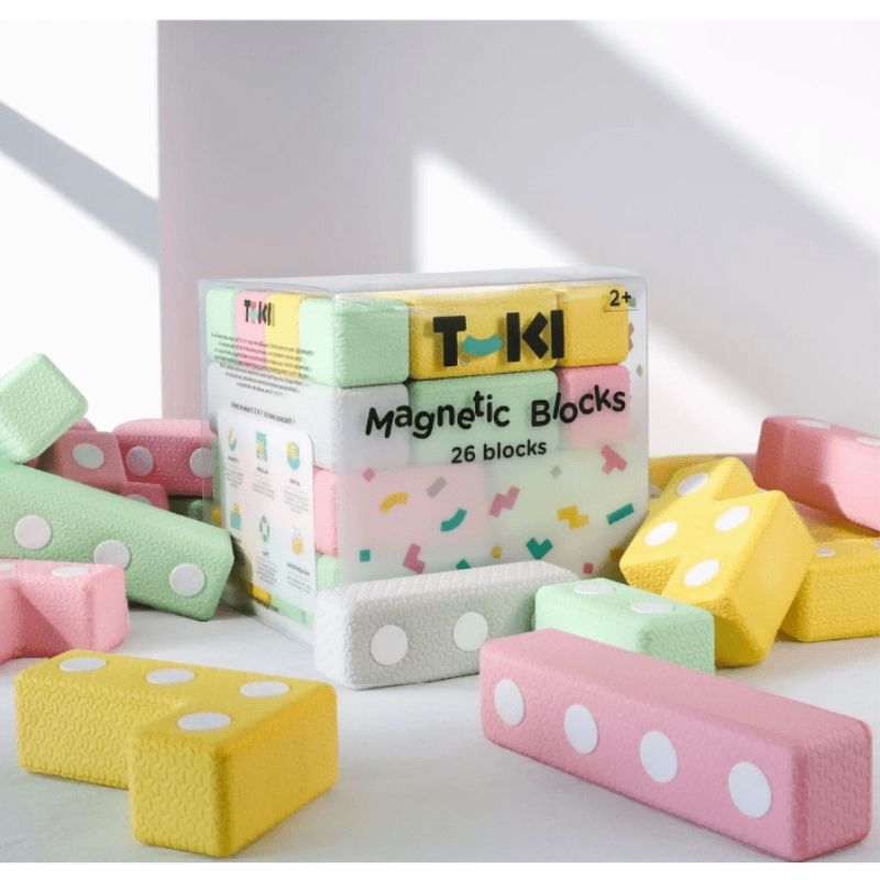 TUKI Regular Magnetic Blocks complete 26-element set view showing all foam block shapes and storage box, the award-winning magnetic construction toy from Poland available in Canada and the US