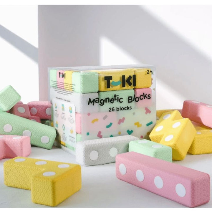 TUKI Regular Magnetic Blocks complete 26-element set view showing all foam block shapes and storage box, the award-winning magnetic construction toy from Poland available in Canada and the US