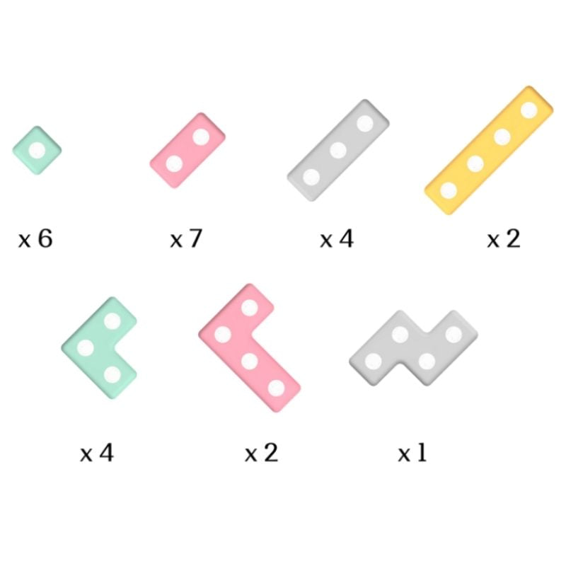 Detailed view of TUKI Regular Magnetic Blocks 26 Elements showing the closed-cell foam construction, neodymium rotating magnet capsules, and colour distribution across the turquoise, grey, yellow and pink foam block set