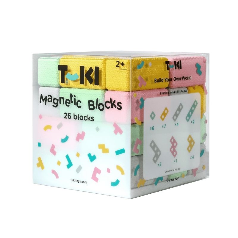 TUKI Regular Magnetic Blocks Set 26 Elements landscape view showing the full set of 26 neodymium magnetic foam blocks in turquoise, grey, yellow and pink across 7 shapes, Poland's Toy of the Year 2023 available across Canada and the US