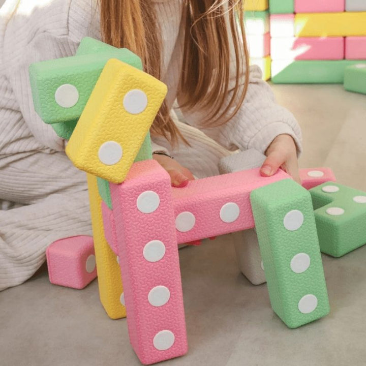 Close-up of a dog figure built from TUKI Regular Magnetic Foam Blocks showing the detailed 3D construction and precise modular fit of the neodymium magnetic blocks in the 48-element group set