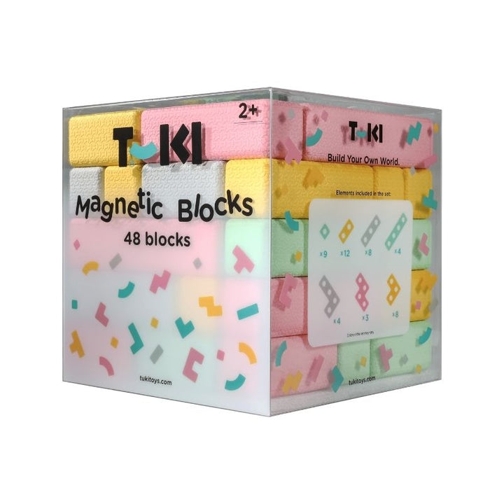 TUKI Regular Magnetic Blocks Set 48 Elements clean landscape view showing the full group set of 48 neodymium magnetic foam blocks in turquoise, grey, yellow and pink across 7 shapes, recommended for 2-3 children, available across Canada and North America