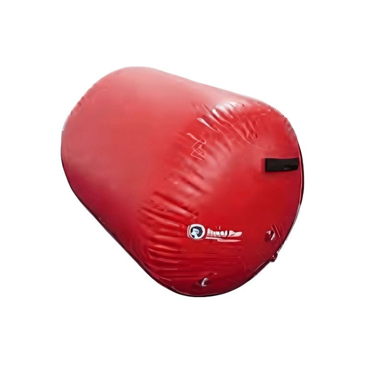Tumbl Trak Air Barrel in Red colourway showing the inflatable bouncy gymnastics barrel roller with D-rings and end handles for skill training, conditioning, and obstacle course use