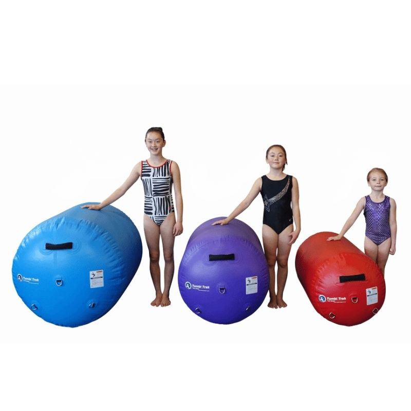 Tumbl Trak Air Barrel size comparison showing the 24-inch, 30-inch, and 36-inch diameter variants side by side, with corresponding athlete height guidelines for back handspring and gymnastics skill trainer selection