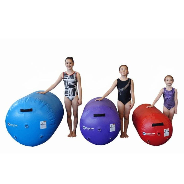 Tumbl Trak Air Barrel size comparison showing the 24-inch, 30-inch, and 36-inch diameter variants side by side, with corresponding athlete height guidelines for back handspring and gymnastics skill trainer selection