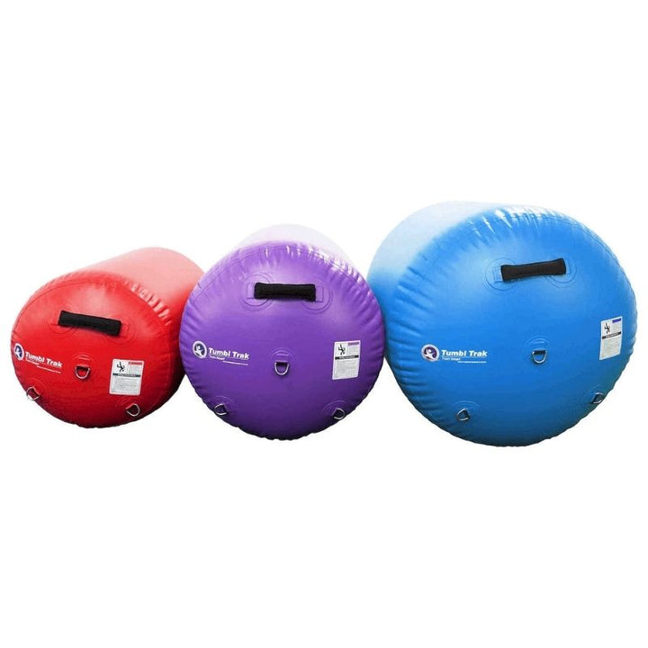 Tumbl Trak Air Barrel in all three colours - Red, Blue, and Purple - showing the three 24-inch, 30-inch, and 36-inch diameter sizes available for gymnastics skill training, back handspring progressions, and OT therapy use