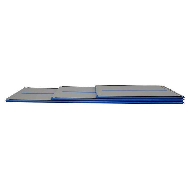 Tumbl Trak Air Floor full-length view showing the 5-foot-wide inflatable gymnastics air track in Purple or Blue, available in 10-foot, 15-foot, and 20-foot lengths for gymnastics, cheer, and acro dance training