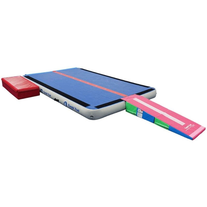 Tumbl Trak Air Floor PRO third landscape view showing the Velcro end flap connection system and top perimeter Velcro strip that accepts Carpet Overlay and Tumbl Tape accessories for gymnastics training stations