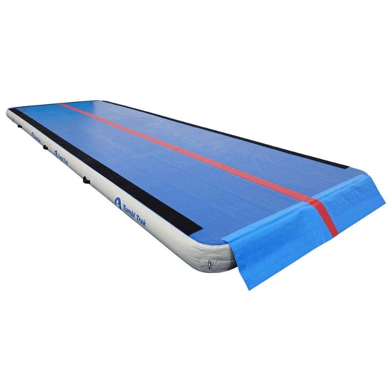 Tumbl Trak Air Floor PRO in full landscape view showing the 8-inch-thick, 6.5-foot-wide inflatable gymnastics air track, available in 3M, 6M, and 9M lengths for standalone use on hard floors without additional padding