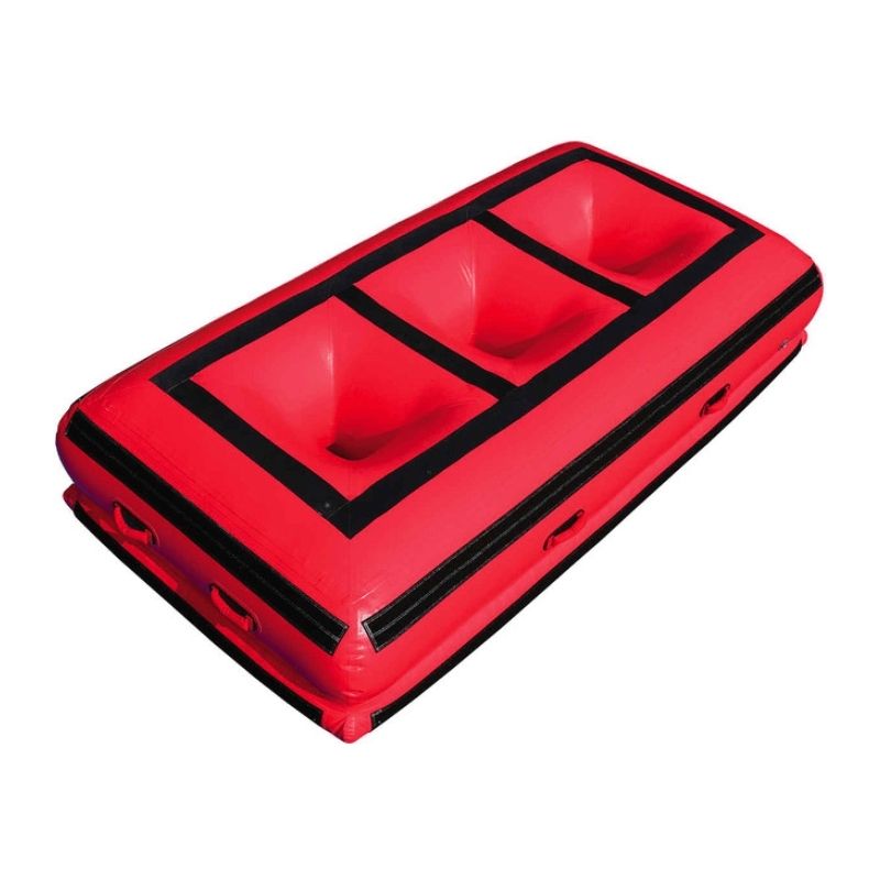 Tumbl Trak Air Platform Mat three-quarter view showing the fully inflated 5x10ft dual-sided inflatable gymnastics and therapy mat with 31 oz. vinyl top surface and Velcro perimeter