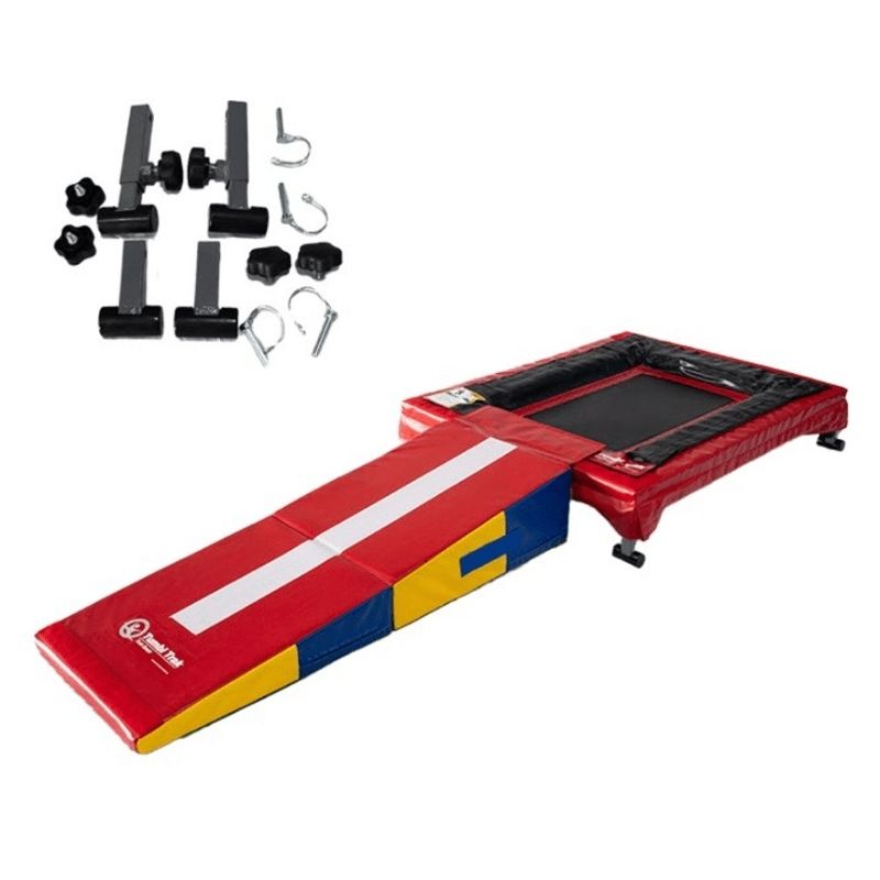 Tumbl Trak All Abilities Mini Trak shown with the Folding Mini Ramp in Primary Rainbow red attached, demonstrating the compatible vault and round-off entry station for preschool gymnastics programmes