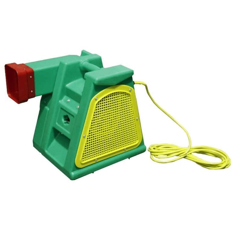Tumbl Trak Blower showing the 2HP constant-flow inflatable blower with 25ft cord, screened vents, and carry handles, designed to run the Air Trak, Air Floor, Mini Mountain, and Fitness Wheel gymnastics inflatables