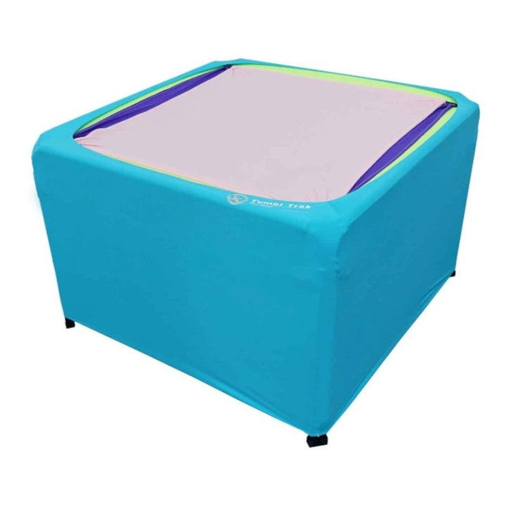Tumbl Trak Boundex Cuddle Box fully assembled showing three layers of responsive Lycra stretched across the steel frame, a sensory motor tool for proprioceptive and vestibular development