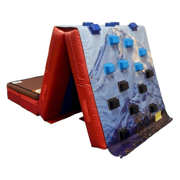 Tumbl Trak Climbing Wall Overlay attached to a Power Launch or closed-loop surface via the hook Velcro border, showing the climbing station configuration for gymnastics club, PE curriculum, and OT therapy use