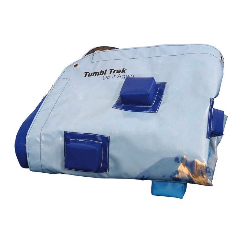 Tumbl Trak Climbing Wall Overlay in folded storage position showing the hook Velcro border on the reverse side and grommet holes in each corner for additional strap attachment to bars and equipment structures