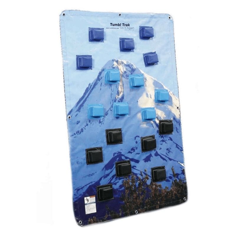 Tumbl Trak Climbing Wall Overlay 4x6ft foam block climbing panel showing the Mount Hood Oregon graphic backdrop and firm vinyl-covered foam blocks used for portable gymnastics and school PE climbing wall stations