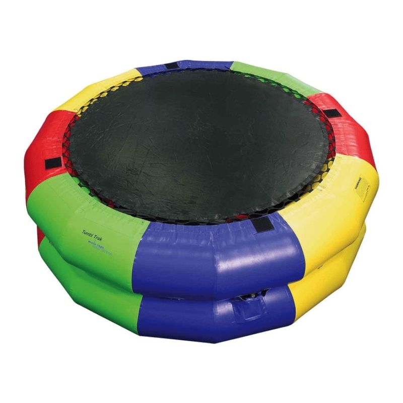 Tumbl Trak Fitness Wheel 8-foot diameter model fully inflated showing the multi-colour ring design and larger floor footprint for group gymnastics and sensory play activities in school or clinic settings