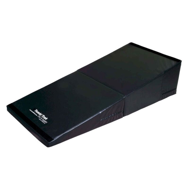 Tumbl Trak Folding Incline Mat in black colourway, showing the full incline open position with 18 oz. vinyl-coated surface for gymnastics tumbling and sensory movement