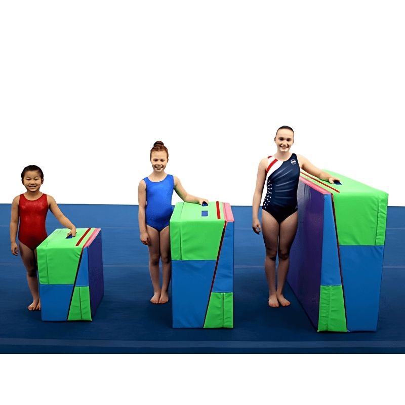 Tumbl Trak Folding Incline Mat available in Small, Medium, and Large sizes shown together, illustrating size selection for different user heights and play space requirements